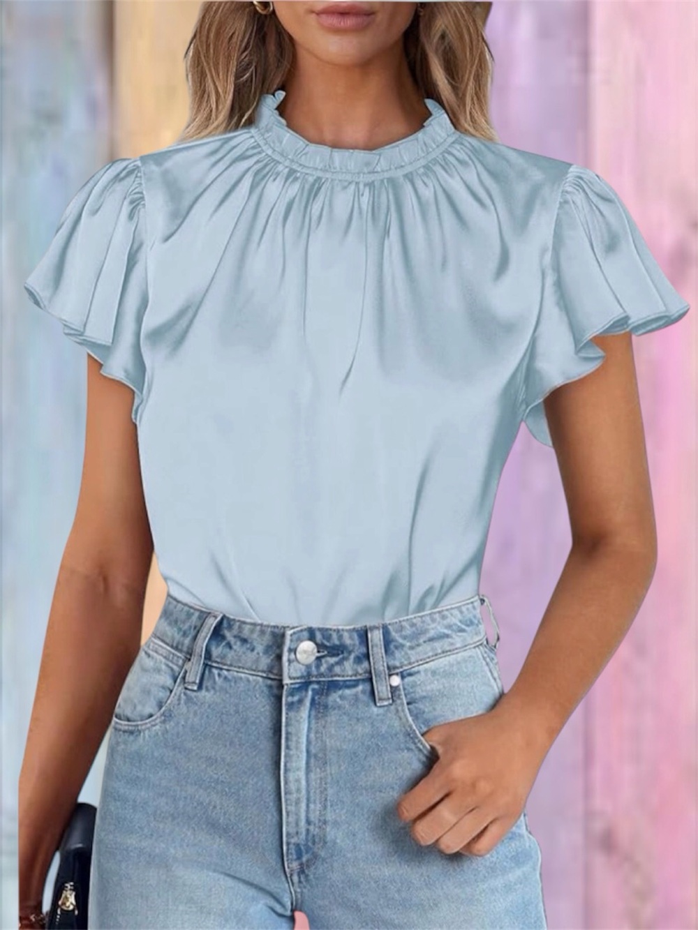 Pretty Garden Light Blue Satin Ruffled Neck Flutter Short Sleeves Blouse Top NWT